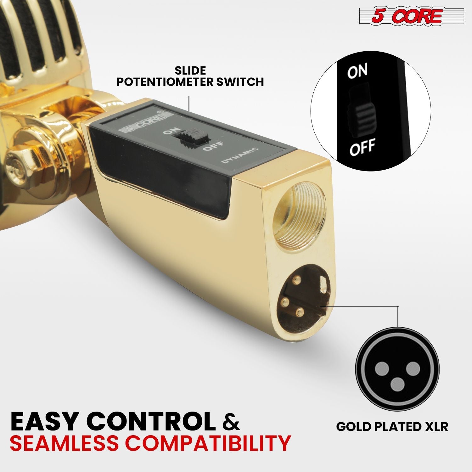 5 Core Classic Retro Microphone Dynamic (ALL METAL BODY) - Old Vintage Style Unidirectional Cardioid Mic w/ XLR Input Universal Stand Compatible | Live Performance |Singing In Studio |Recording Gold