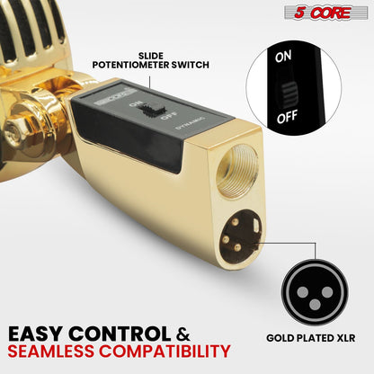5 Core Classic Retro Microphone Dynamic (ALL METAL BODY) - Old Vintage Style Unidirectional Cardioid Mic w/ XLR Input Universal Stand Compatible | Live Performance |Singing In Studio |Recording Gold