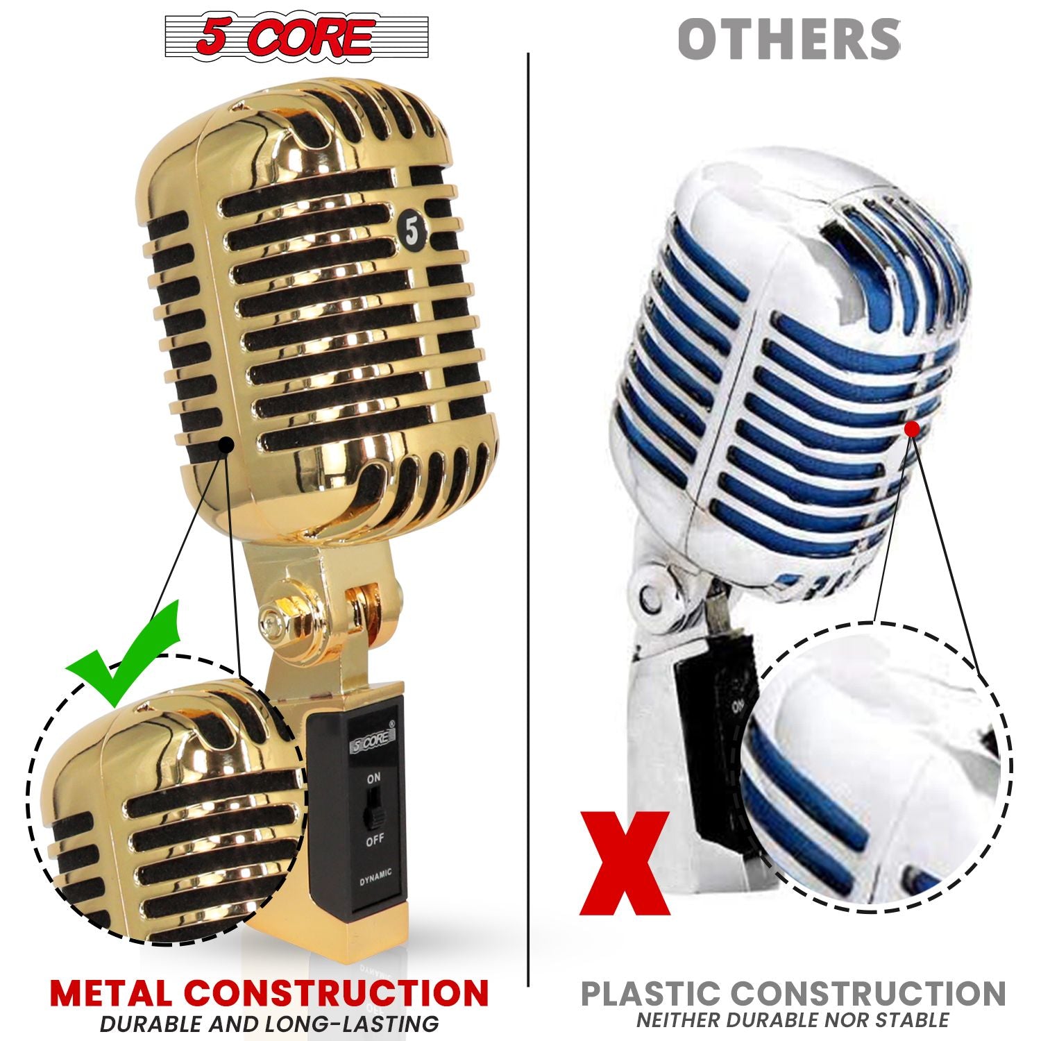 5 Core Classic Retro Microphone Dynamic (ALL METAL BODY) - Old Vintage Style Unidirectional Cardioid Mic w/ XLR Input Universal Stand Compatible | Live Performance |Singing In Studio |Recording Gold
