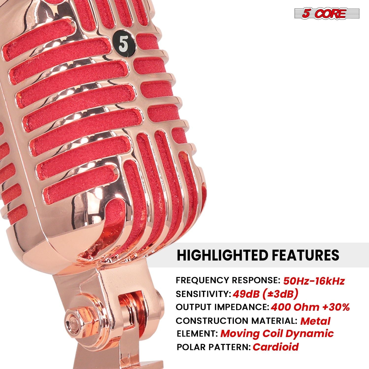 5 Core Classic Retro Microphone Dynamic (ALL METAL BODY) - Old Vintage Style Unidirectional Cardioid Mic w/ XLR Input Universal Stand Compatible | Live Performance |Singing In Studio |Recording Gold