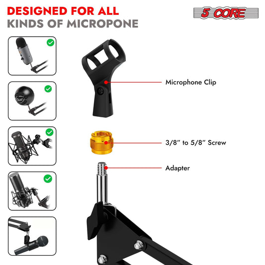 5 Core Microphone Arm Stand Upgraded Adjustable Suspension Boom Scissor Arm Mic Holder with Pop Filter 3/8" to 5/8" Adapter Mic Clip Shock Mount Cable Ties ARM SET 16