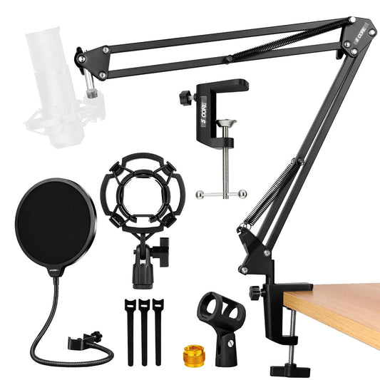 5 Core Microphone Arm Stand Upgraded Adjustable Suspension Boom Scissor Arm Mic Holder with Pop Filter 3/8" to 5/8" Adapter Mic Clip Shock Mount Cable Ties ARM SET 16