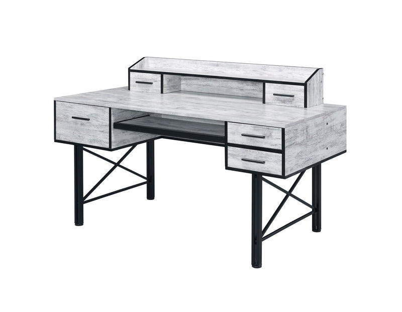 59" Antiqued White and Black Computer Desk With Five Drawers - Asmota