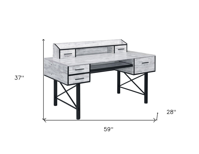 59" Antiqued White and Black Computer Desk With Five Drawers - Asmota