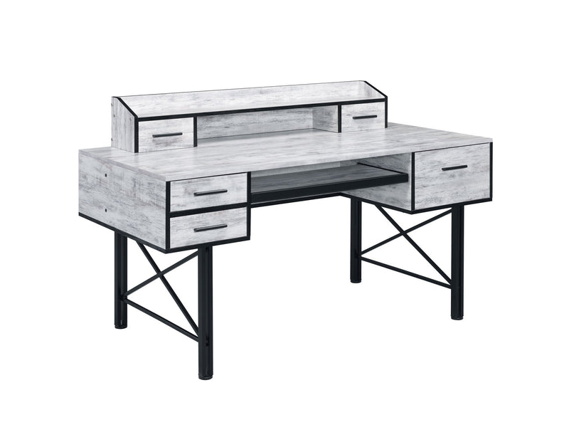 59" Antiqued White and Black Computer Desk With Five Drawers - Asmota