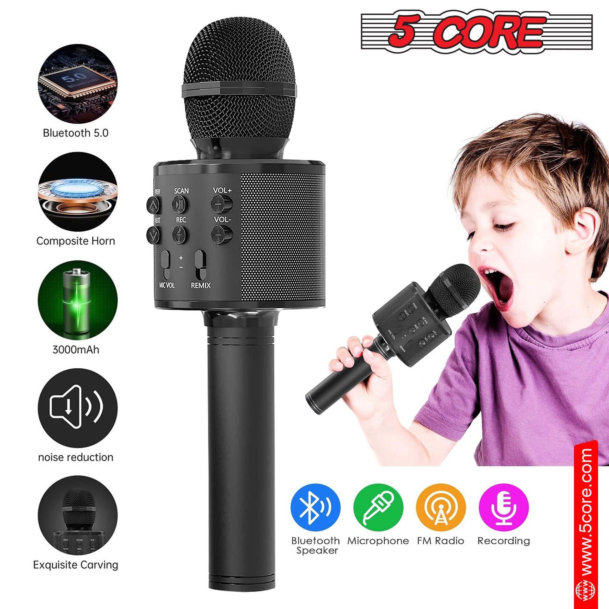 5CORE Bluetooth Wireless Karaoke Microphone All - in - One Portable Handheld Mic with Speaker Recorder Microfono Inalambrico WM SPK BLK