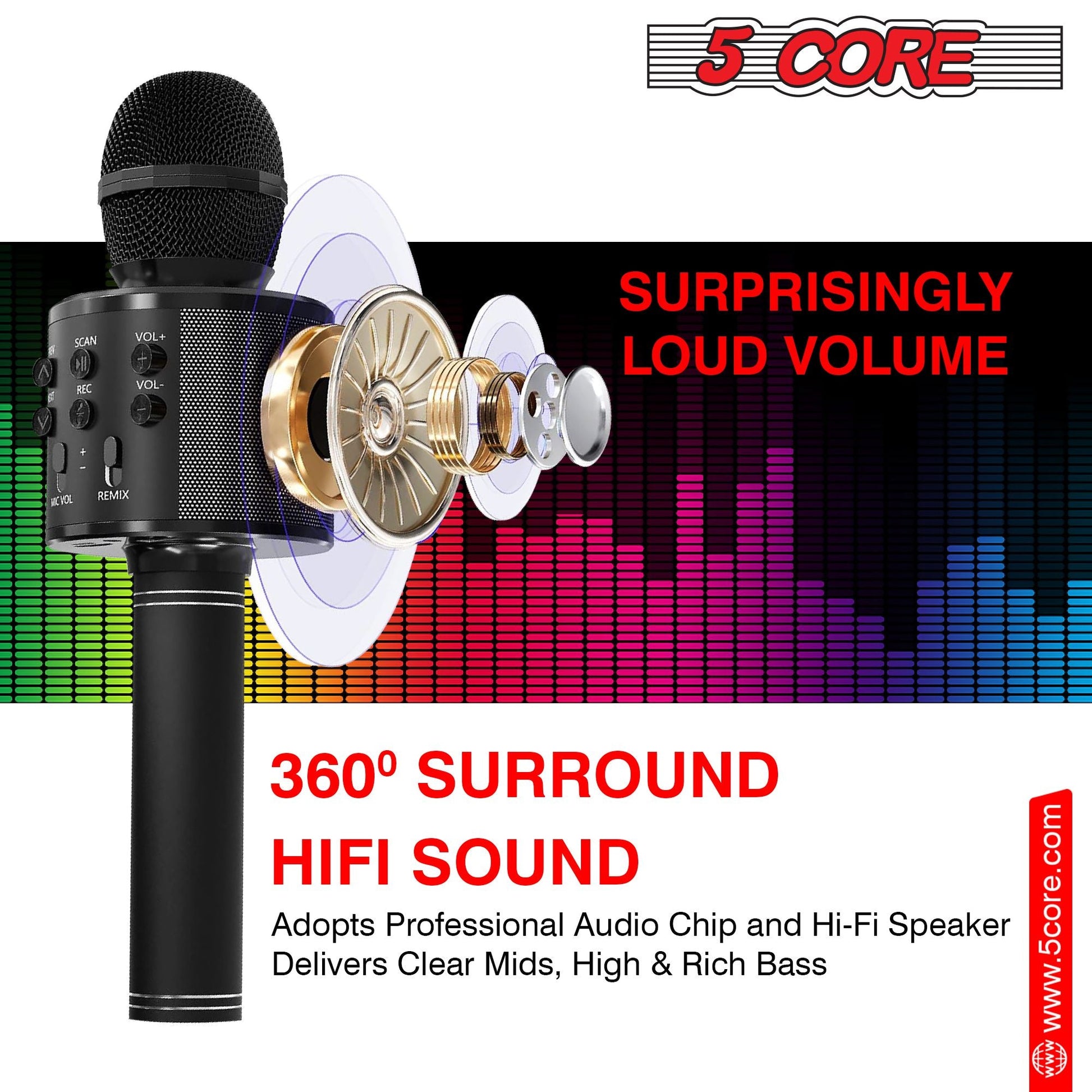 5CORE Bluetooth Wireless Karaoke Microphone All - in - One Portable Handheld Mic with Speaker Recorder Microfono Inalambrico WM SPK BLK