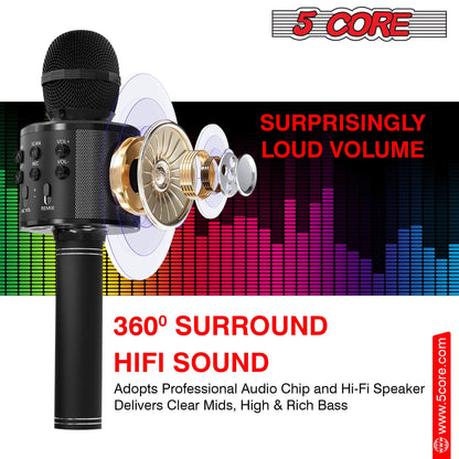 5CORE Bluetooth Wireless Karaoke Microphone All - in - One Portable Handheld Mic with Speaker Recorder Microfono Inalambrico WM SPK BLK