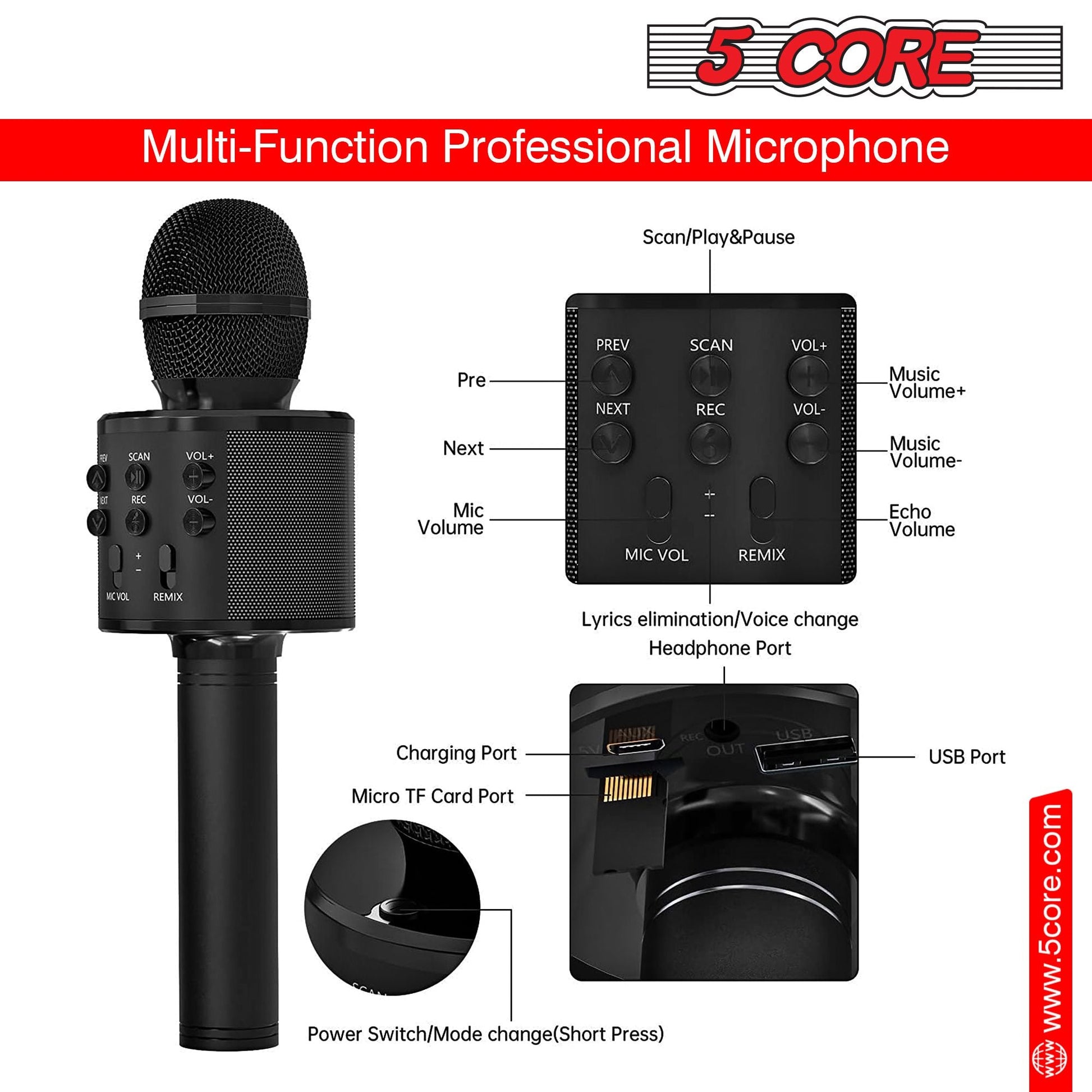 5CORE Bluetooth Wireless Karaoke Microphone All - in - One Portable Handheld Mic with Speaker Recorder Microfono Inalambrico WM SPK BLK