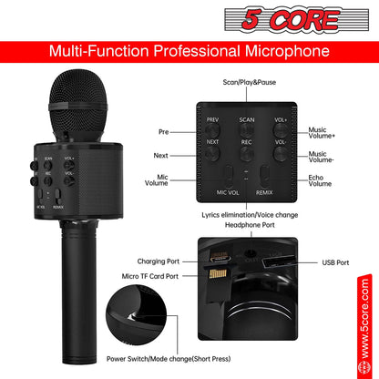 5CORE Bluetooth Wireless Karaoke Microphone All - in - One Portable Handheld Mic with Speaker Recorder Microfono Inalambrico WM SPK BLK