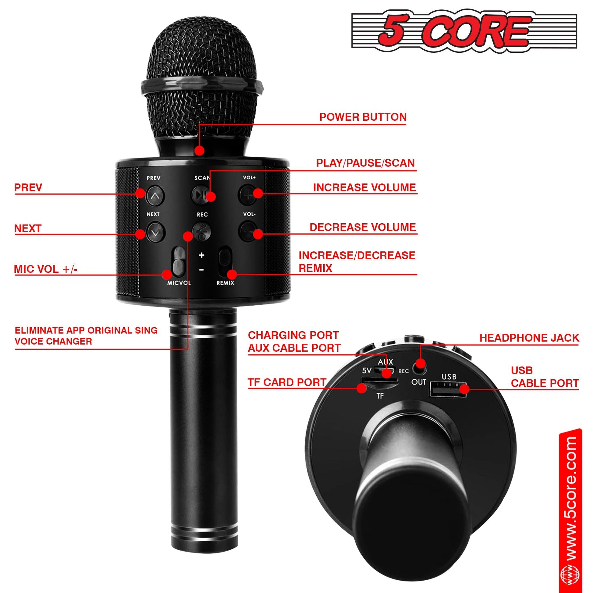 5CORE Bluetooth Wireless Karaoke Microphone All - in - One Portable Handheld Mic with Speaker Recorder Microfono Inalambrico WM SPK BLK