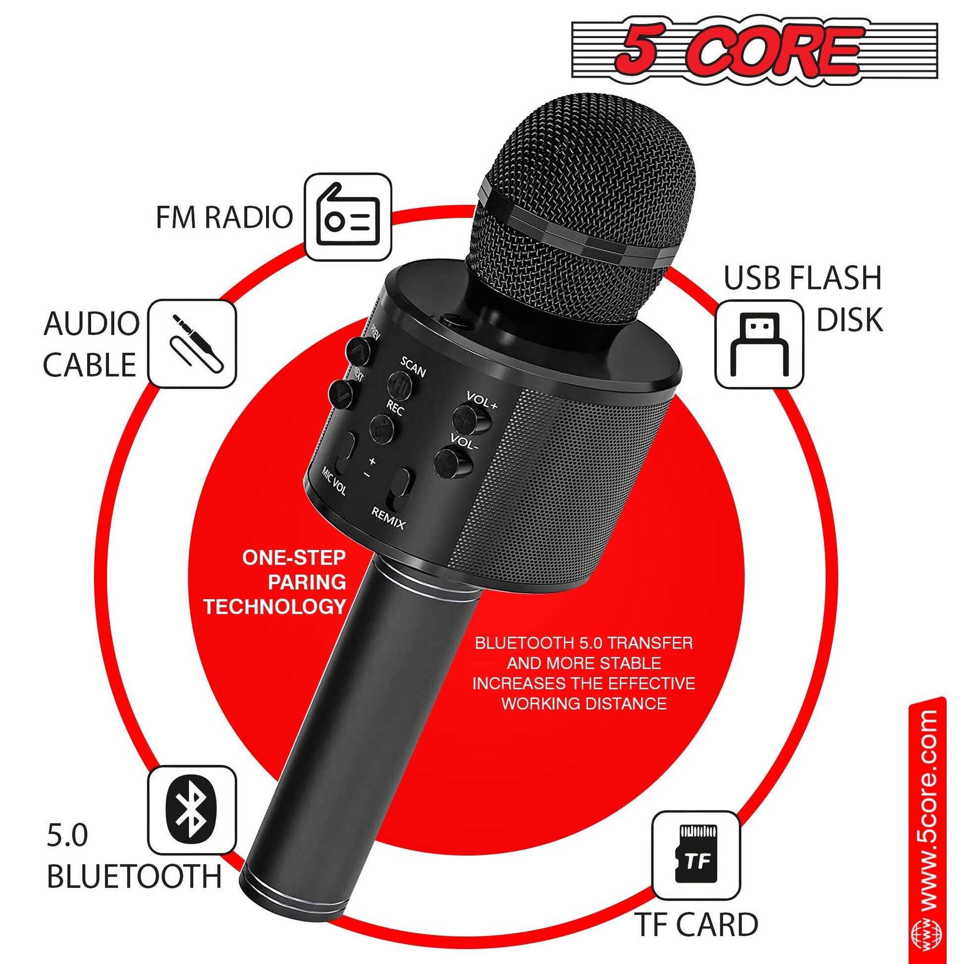 5CORE Bluetooth Wireless Karaoke Microphone All - in - One Portable Handheld Mic with Speaker Recorder Microfono Inalambrico WM SPK BLK