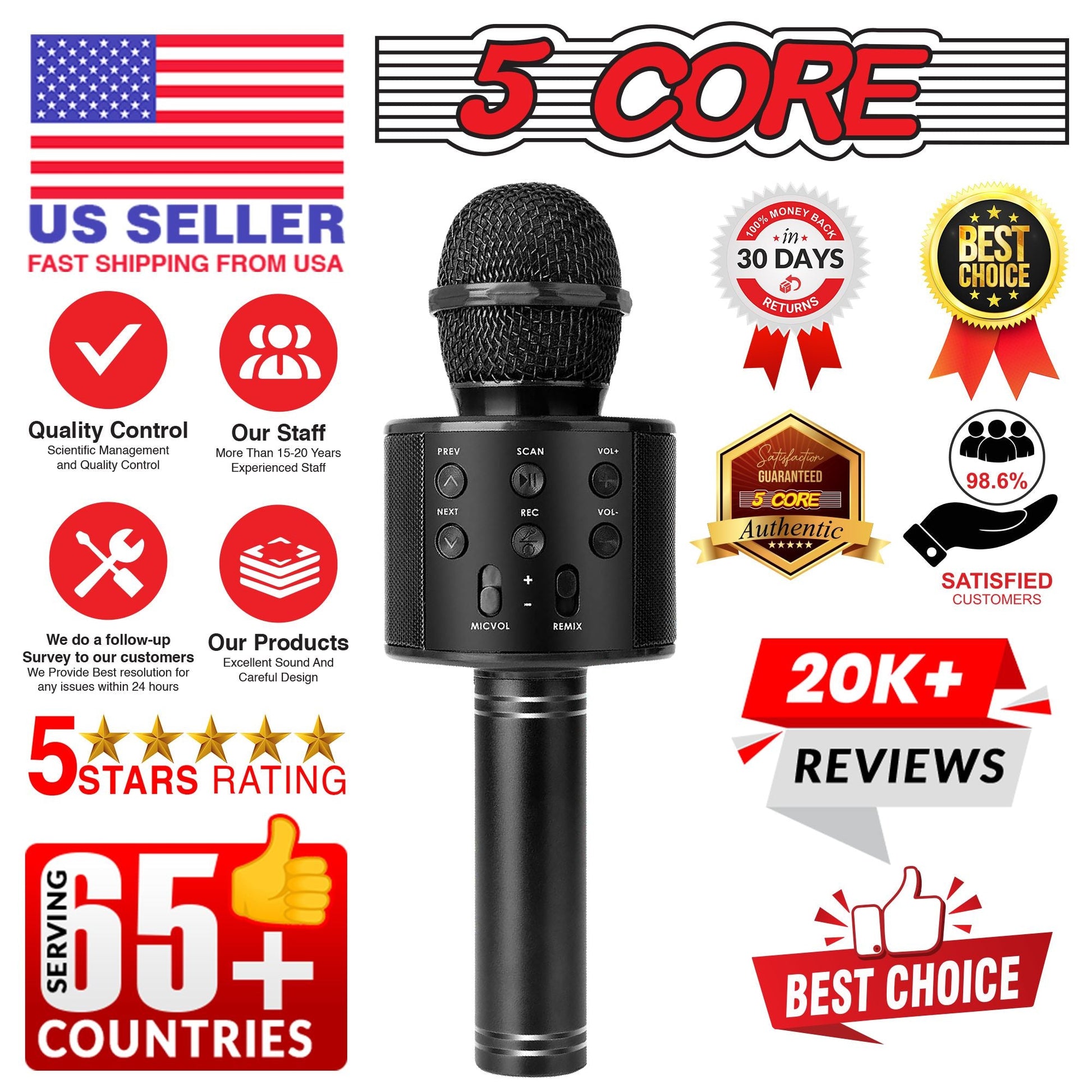 5CORE Bluetooth Wireless Karaoke Microphone All - in - One Portable Handheld Mic with Speaker Recorder Microfono Inalambrico WM SPK BLK
