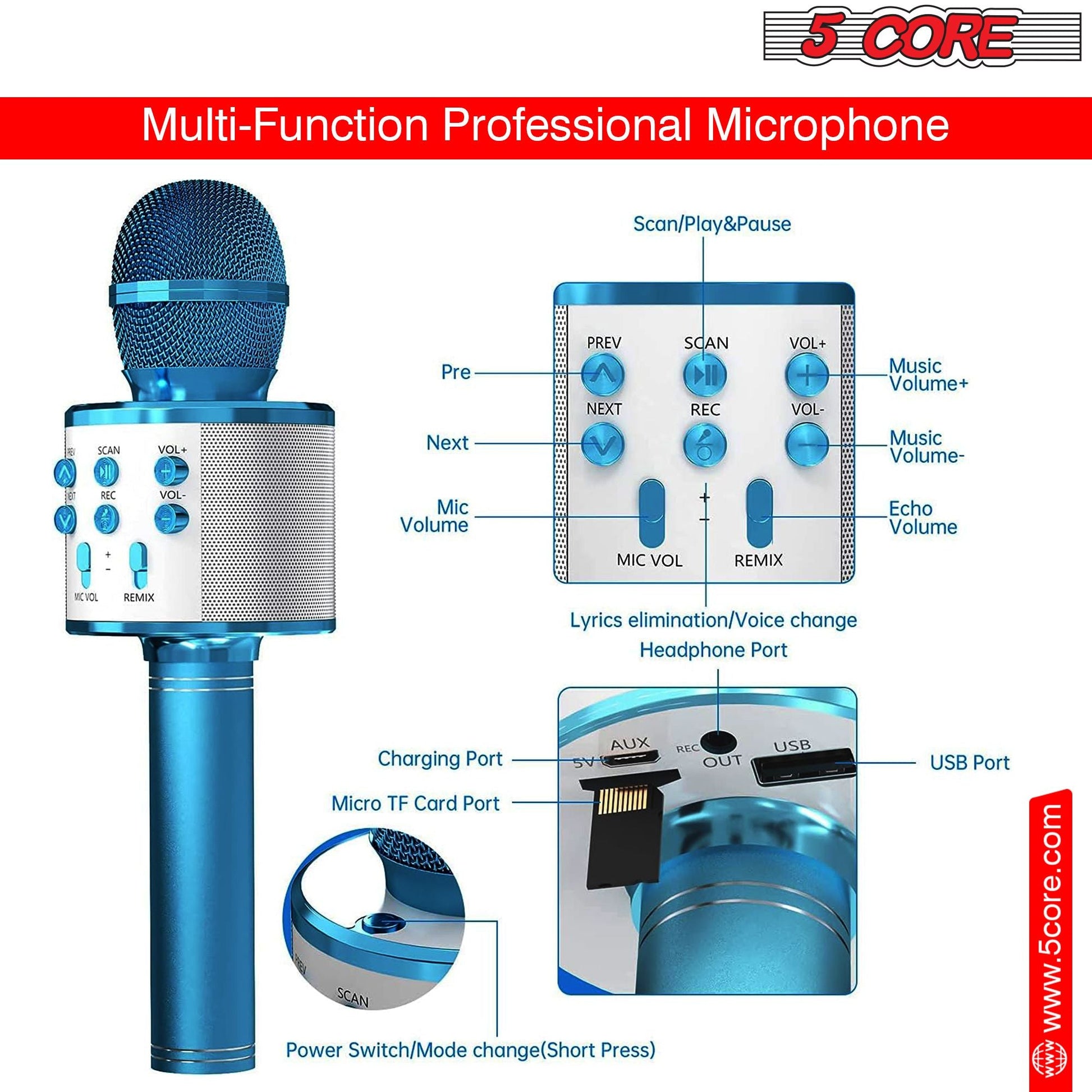 5CORE Bluetooth Wireless Karaoke Microphone All - in - One Portable Handheld Mic with Speaker Recorder Microfono Inalambrico WM SPK BLU