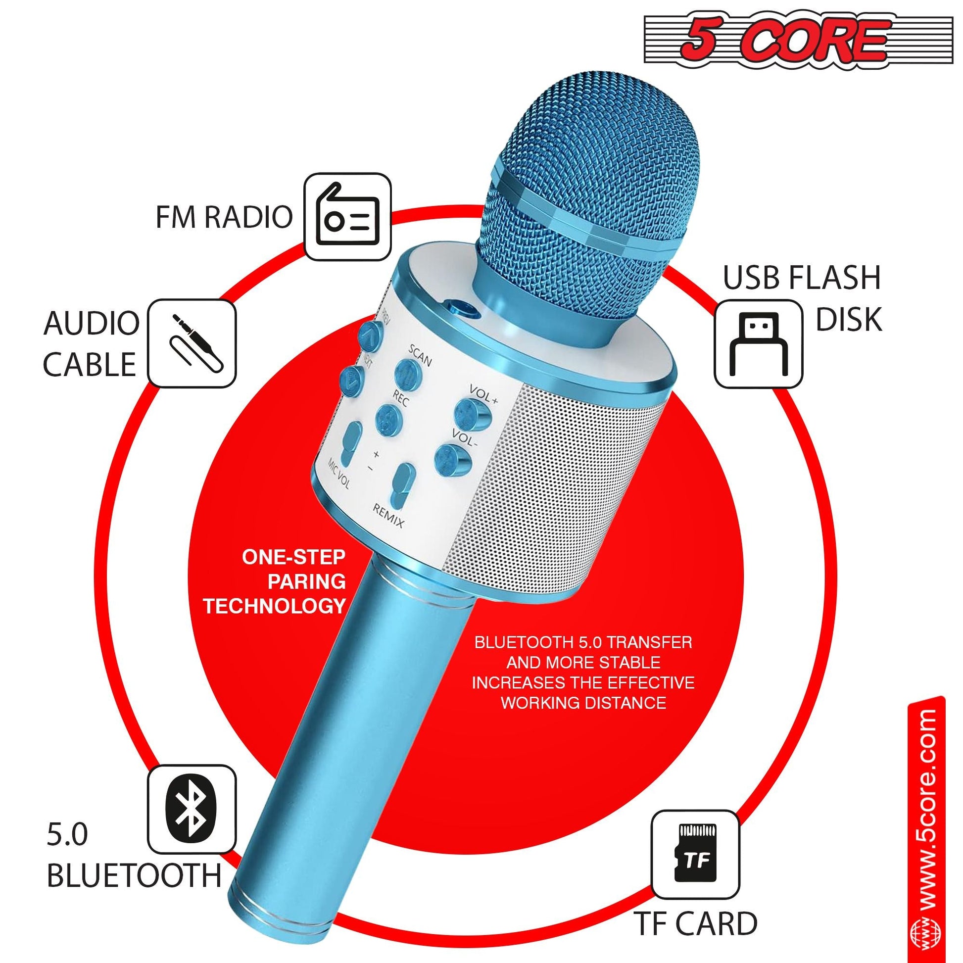 5CORE Bluetooth Wireless Karaoke Microphone All - in - One Portable Handheld Mic with Speaker Recorder Microfono Inalambrico WM SPK BLU