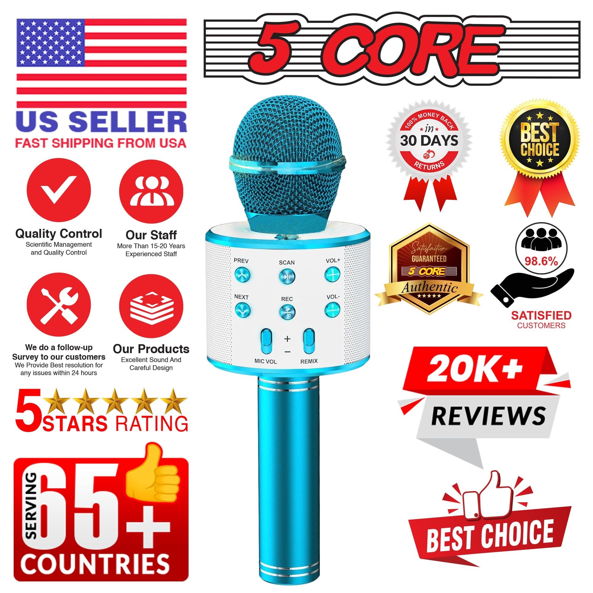 5CORE Bluetooth Wireless Karaoke Microphone All - in - One Portable Handheld Mic with Speaker Recorder Microfono Inalambrico WM SPK BLU