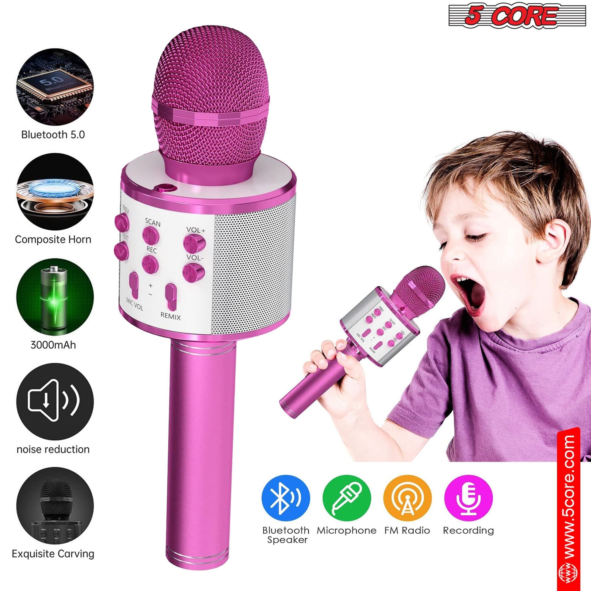 5CORE Bluetooth Wireless Karaoke Microphone All - in - One Portable Handheld Mic with Speaker Recorder Microfono Inalambrico WM SPK PNK