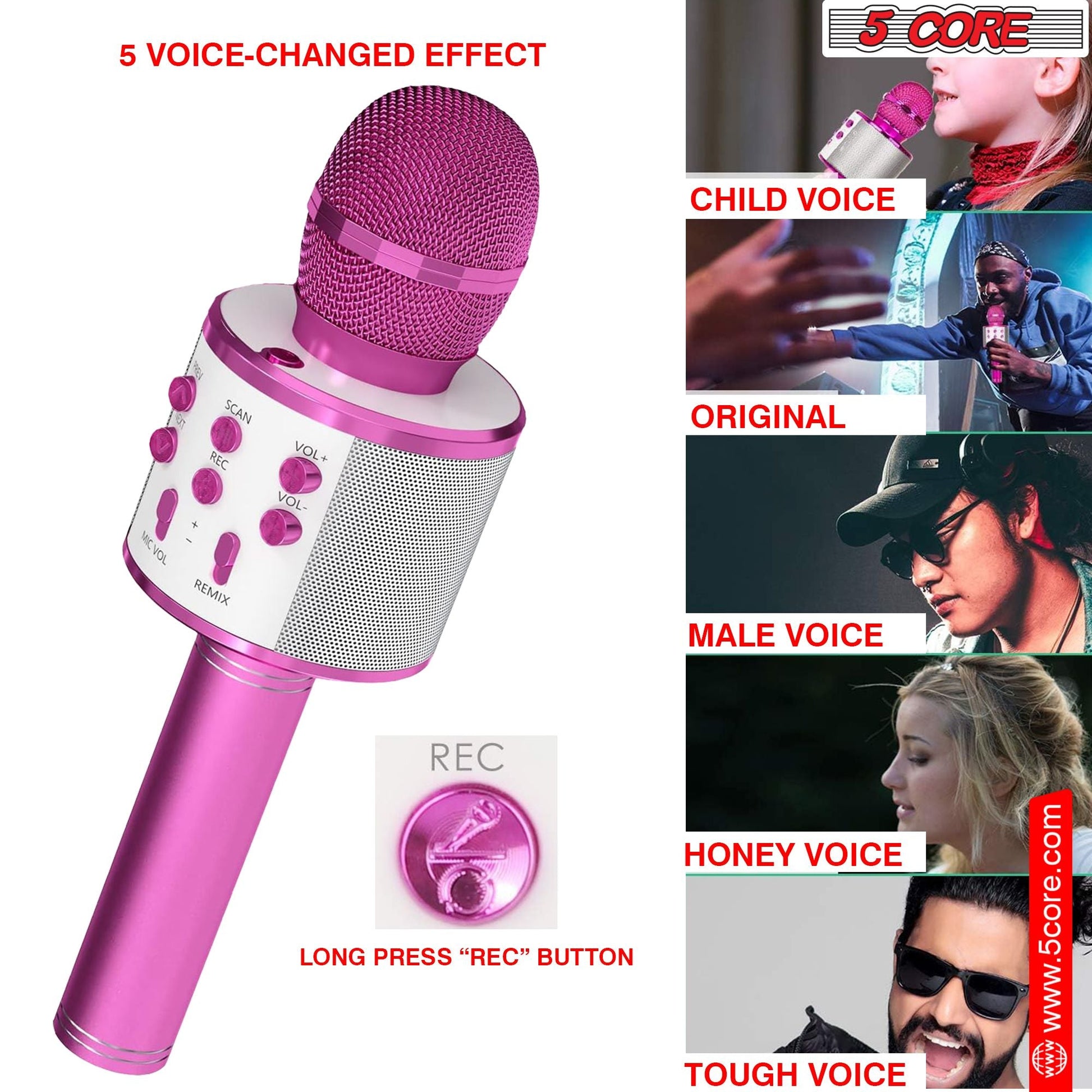 5CORE Bluetooth Wireless Karaoke Microphone All - in - One Portable Handheld Mic with Speaker Recorder Microfono Inalambrico WM SPK PNK