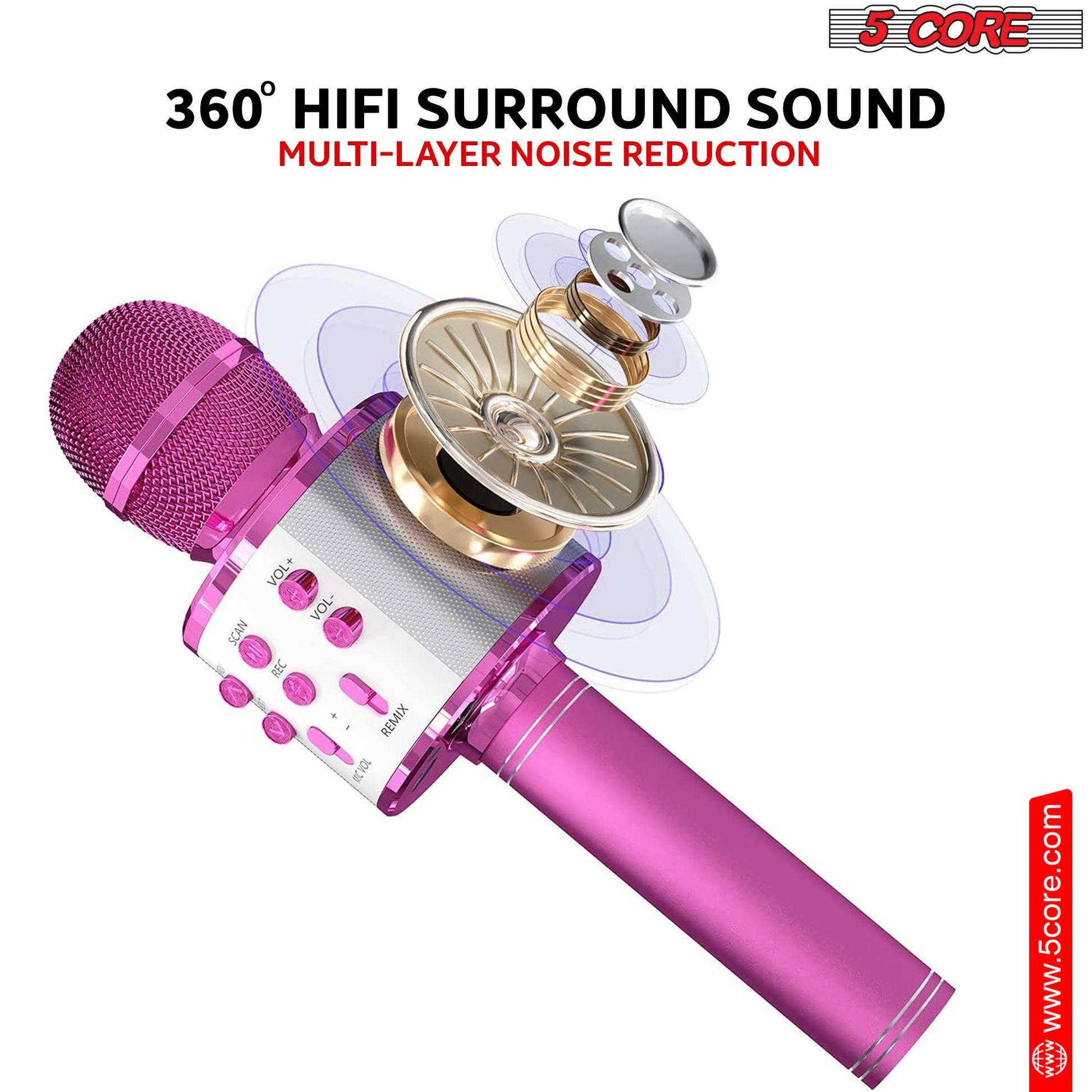 5CORE Bluetooth Wireless Karaoke Microphone All - in - One Portable Handheld Mic with Speaker Recorder Microfono Inalambrico WM SPK PNK
