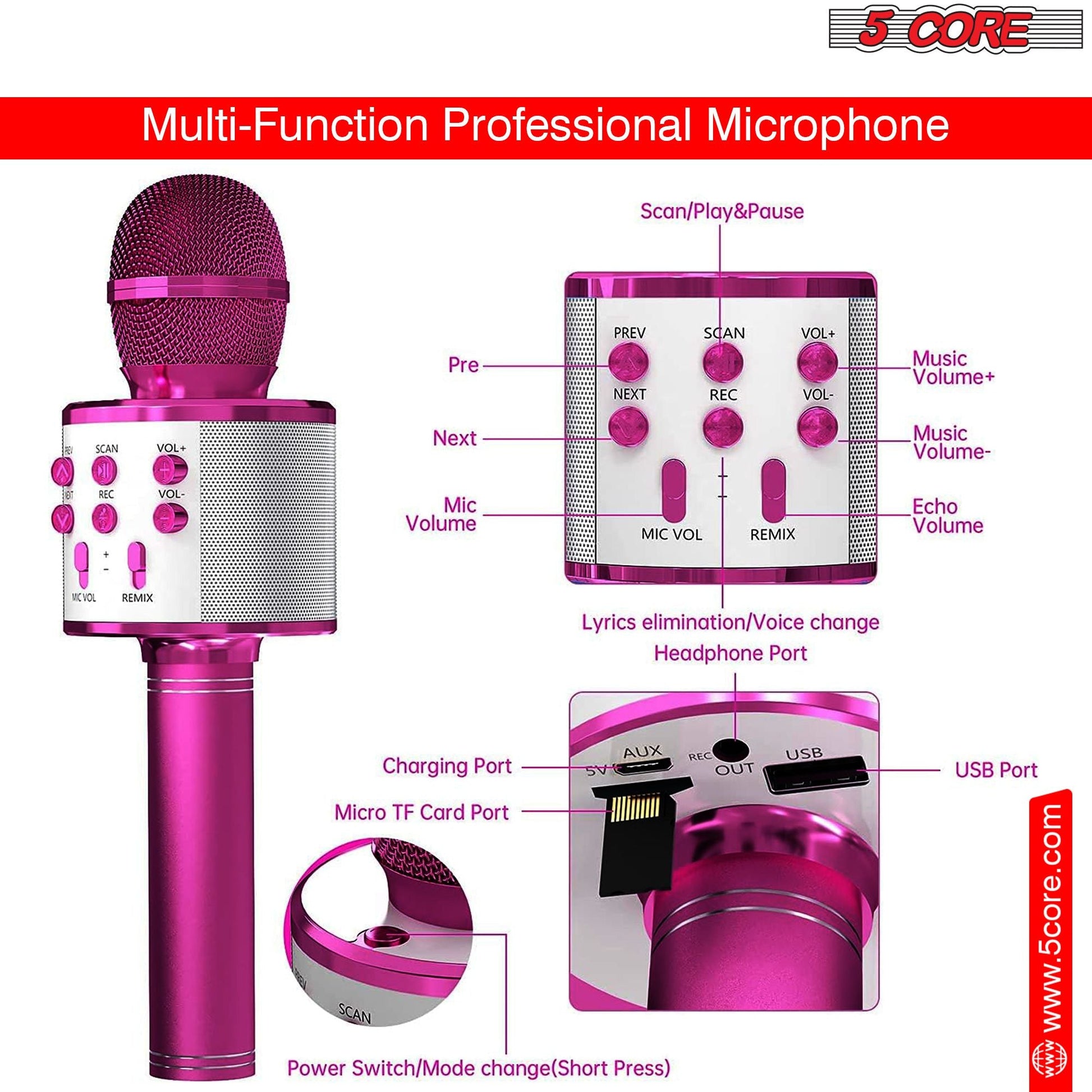 5CORE Bluetooth Wireless Karaoke Microphone All - in - One Portable Handheld Mic with Speaker Recorder Microfono Inalambrico WM SPK PNK