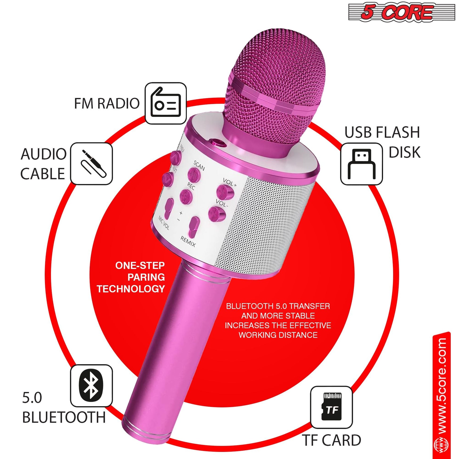 5CORE Bluetooth Wireless Karaoke Microphone All - in - One Portable Handheld Mic with Speaker Recorder Microfono Inalambrico WM SPK PNK