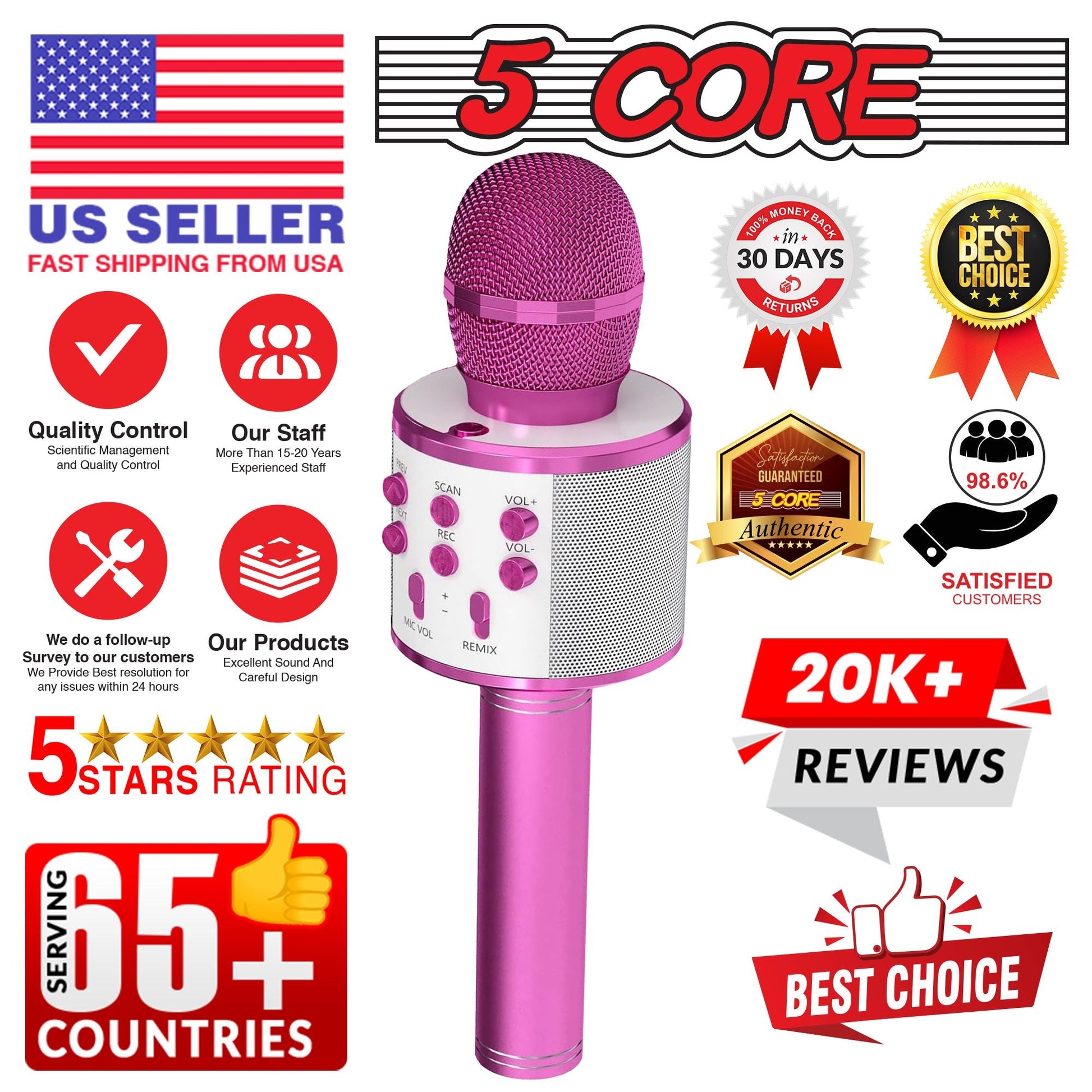 5CORE Bluetooth Wireless Karaoke Microphone All - in - One Portable Handheld Mic with Speaker Recorder Microfono Inalambrico WM SPK PNK