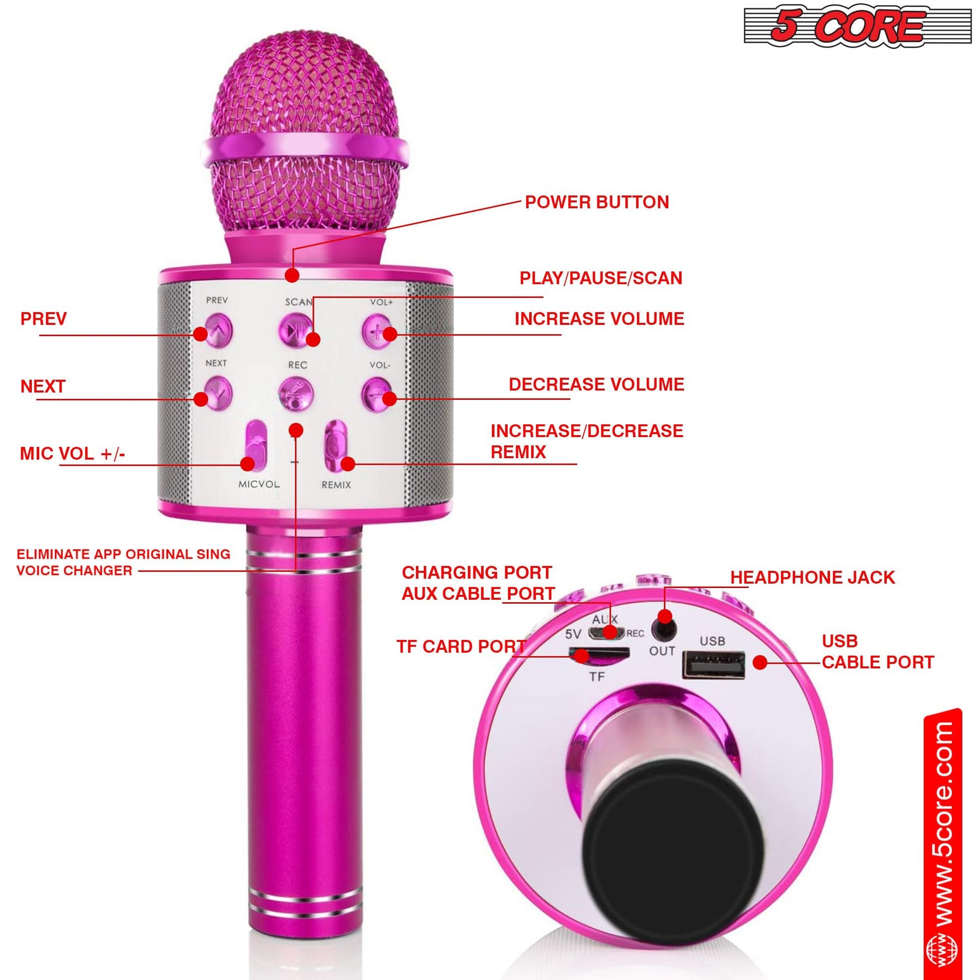 5CORE Bluetooth Wireless Karaoke Microphone All - in - One Portable Handheld Mic with Speaker Recorder Microfono Inalambrico WM SPK PNK