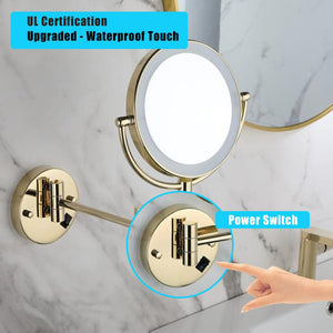 8 Inch LED Wall Mount Two - Sided Magnifying Makeup Vanity Mirror 12 Inch Extension Gold Finish 1X/3X Magnification Plug 360 Degree Rotation Waterproof Button Shaving Mirror