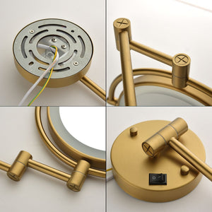 8 Inch LED Wall Mount Two - Sided Magnifying Makeup Vanity Mirror 12 Inch Extension Gold Finish 1X/3X Magnification Plug 360 Degree Rotation Waterproof Button Shaving Mirror