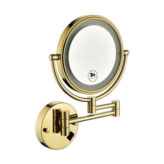8 Inch LED Wall Mount Two - Sided Magnifying Makeup Vanity Mirror 12 Inch Extension Gold Finish 1X/3X Magnification Plug 360 Degree Rotation Waterproof Button Shaving Mirror