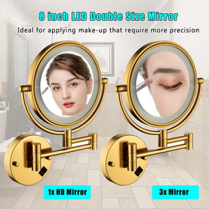 8 Inch LED Wall Mount Two - Sided Magnifying Makeup Vanity Mirror 12 Inch Extension Gold Finish 1X/3X Magnification Plug 360 Degree Rotation Waterproof Button Shaving Mirror