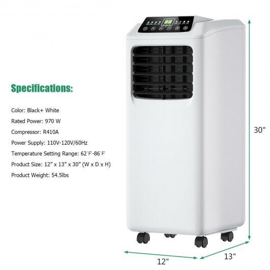 9000 BTU Portable Air Conditioner with Built - in Dehumidifier and Remote Control - Color: Black & White - Asmota