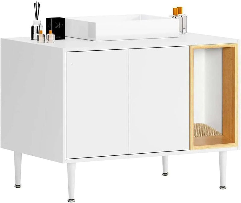 AMZOSS 2 in 1 Vanity Enclosure, Bathroom Litter Box Furniture Hidden with Double Door and Divider, Wooden Cat Washroom Furniture, Traditional Under Sink Cabinet - Asmota
