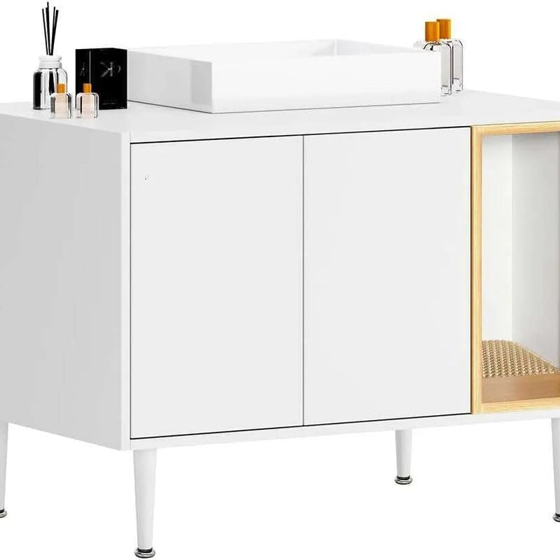 AMZOSS 2 in 1 Vanity Enclosure, Bathroom Litter Box Furniture Hidden with Double Door and Divider, Wooden Cat Washroom Furniture, Traditional Under Sink Cabinet - Asmota