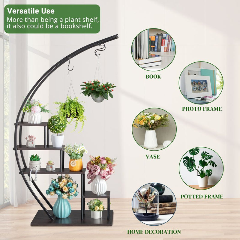 Artisasset 5 Layers Semicircle Iron Wood Suitable For Garden Balcony Patio Lawn Home Decoration Plant Stand Flower Pot Stand Iron Flower Stand Black - Asmota