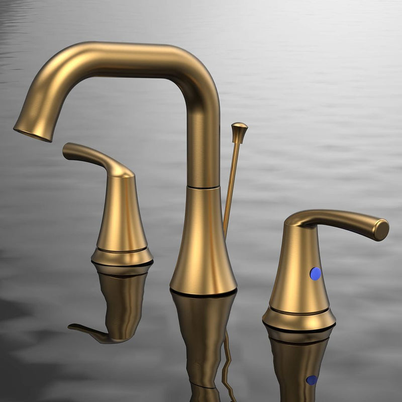 Bathroom Faucet 3 Hole - Bathroom Sink Faucet 2 - Handle 3 - Hole, Brushed Gold Widespread 8 Inch Bathroom Faucet with Pop Up Drain Assembly, Lavatory Bathroom Vanity Sink Faucet, 100% Lead - free - Asmota