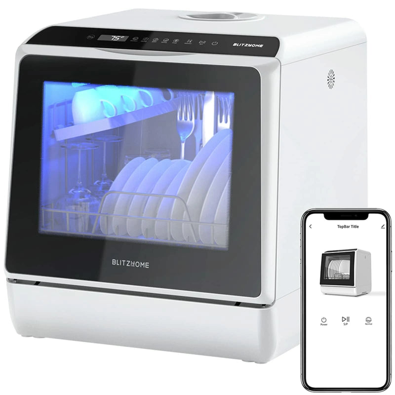 BlitzHome®BH - CDW1 Smart Portable Countertop Dishwasher US Plug with APP Control, 4 - 6 Sets Big Capacity, Dual Water Inlet Modes, 360°Spraying, 75°High Temperature, Five Cleaning Modes, Drying Function - Asmota