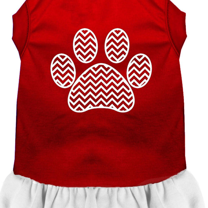 Chevron Paw Screen Print Dress Red with White XS - Asmota