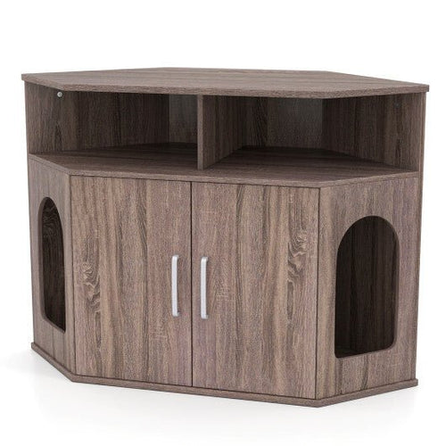 Corner Cat Litter Box Enclosure with Storage Shelves and Double Doors - Gray - Color: Gray - Asmota