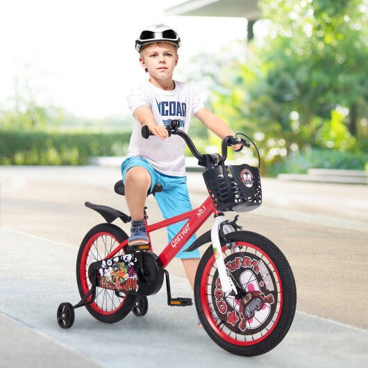 Costway 18 Inch Kids Bike Adjustable with Storage Basket and Double Brake for 4 - 8 Years Old Red - Asmota
