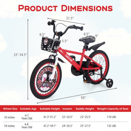 Costway 18 Inch Kids Bike Adjustable with Storage Basket and Double Brake for 4 - 8 Years Old Red - Asmota