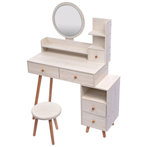 CRAZY ELF Stylish Vanity Table + Cushioned Stool, Touch Control LED Mirror, Large Capacity Storage Cabinet, 5 Drawers, Fashionable Makeup Furniture, Length Adjustable(L31.5" - 43.2"x W15.8" x H48.1")
