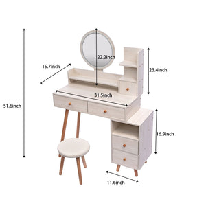 CRAZY ELF Stylish Vanity Table + Cushioned Stool, Touch Control LED Mirror, Large Capacity Storage Cabinet, 5 Drawers, Fashionable Makeup Furniture, Length Adjustable(L31.5" - 43.2"x W15.8" x H48.1")