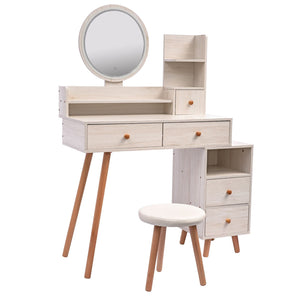 CRAZY ELF Stylish Vanity Table + Cushioned Stool, Touch Control LED Mirror, Large Capacity Storage Cabinet, 5 Drawers, Fashionable Makeup Furniture, Length Adjustable(L31.5" - 43.2"x W15.8" x H48.1")