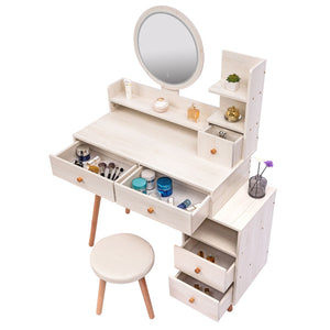 CRAZY ELF Stylish Vanity Table + Cushioned Stool, Touch Control LED Mirror, Large Capacity Storage Cabinet, 5 Drawers, Fashionable Makeup Furniture, Length Adjustable(L31.5" - 43.2"x W15.8" x H48.1")