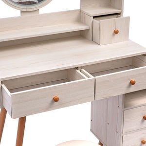 CRAZY ELF Stylish Vanity Table + Cushioned Stool, Touch Control LED Mirror, Large Capacity Storage Cabinet, 5 Drawers, Fashionable Makeup Furniture, Length Adjustable(L31.5" - 43.2"x W15.8" x H48.1")