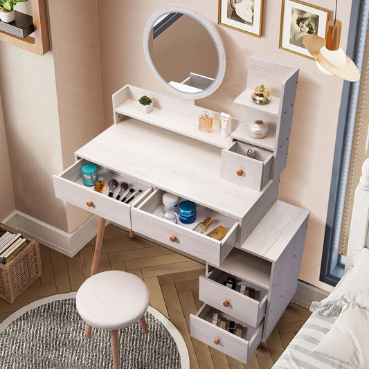 CRAZY ELF Stylish Vanity Table + Cushioned Stool, Touch Control LED Mirror, Large Capacity Storage Cabinet, 5 Drawers, Fashionable Makeup Furniture, Length Adjustable(L31.5" - 43.2"x W15.8" x H48.1")