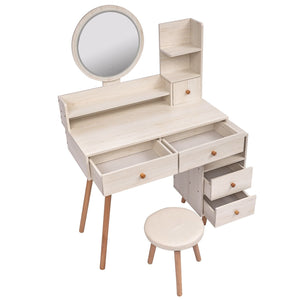 CRAZY ELF Stylish Vanity Table + Cushioned Stool, Touch Control LED Mirror, Large Capacity Storage Cabinet, 5 Drawers, Fashionable Makeup Furniture, Length Adjustable(L31.5" - 43.2"x W15.8" x H48.1")