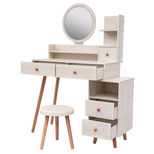 CRAZY ELF Stylish Vanity Table + Cushioned Stool, Touch Control LED Mirror, Large Capacity Storage Cabinet, 5 Drawers, Fashionable Makeup Furniture, Length Adjustable(L31.5" - 43.2"x W15.8" x H48.1")