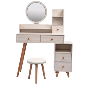CRAZY ELF Stylish Vanity Table + Cushioned Stool, Touch Control LED Mirror, Large Capacity Storage Cabinet, 5 Drawers, Fashionable Makeup Furniture, Length Adjustable(L31.5" - 43.2"x W15.8" x H48.1")